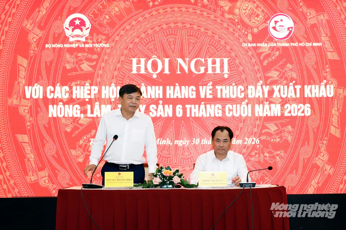 Bộ trưởng Trịnh Việt Hùng cùng Thứ trưởng Nguyễn Hoàng Hiệp chủ trì Hội nghị với các hiệp hội ngành hàng về thúc đẩy xuất khẩu nông, lâm, thủy sản 6 tháng cuối năm 2026. Ảnh: Khương Trung.